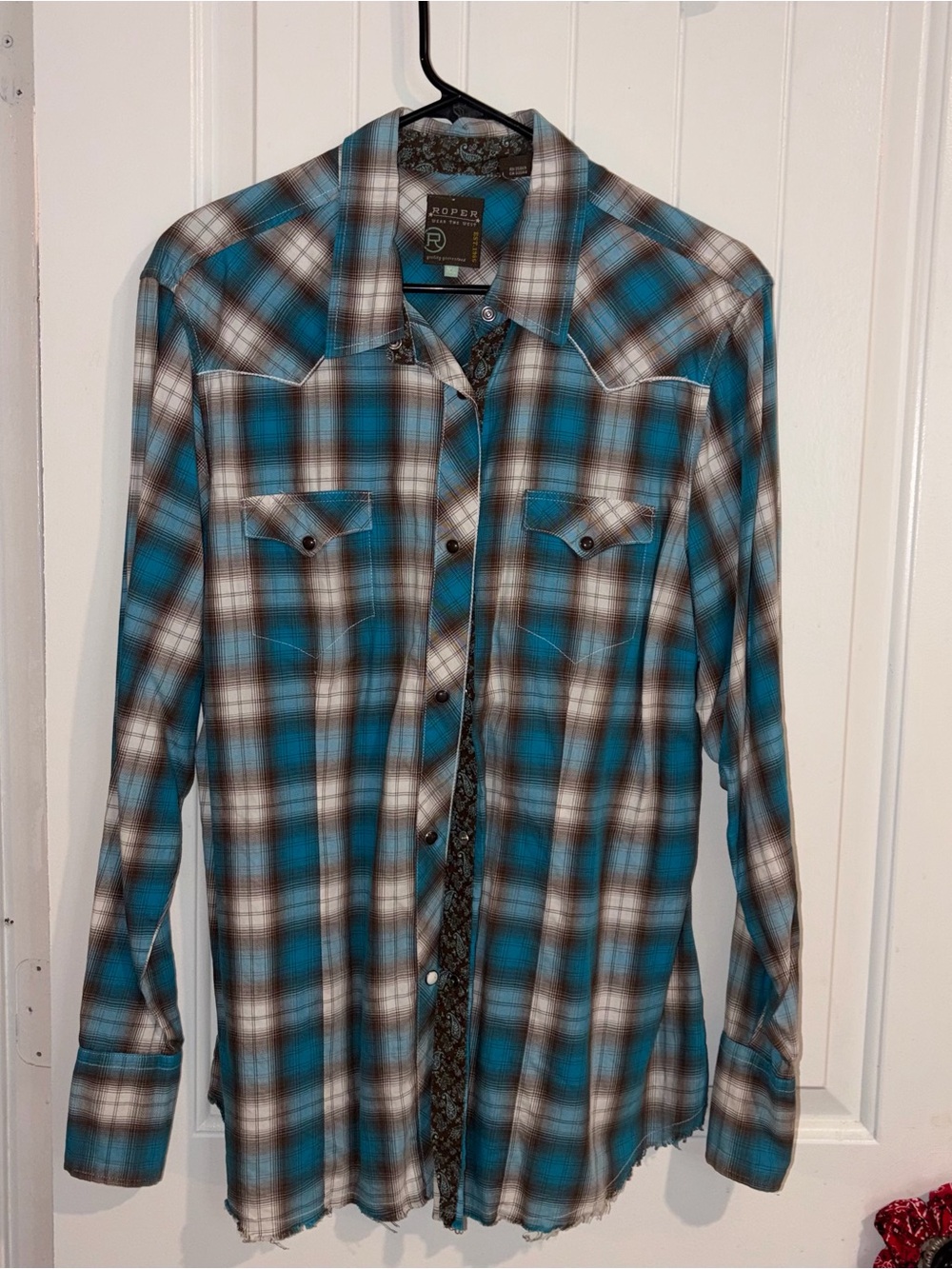 Roper Turquoise, Brown and White Plaid Button-Down Shirt